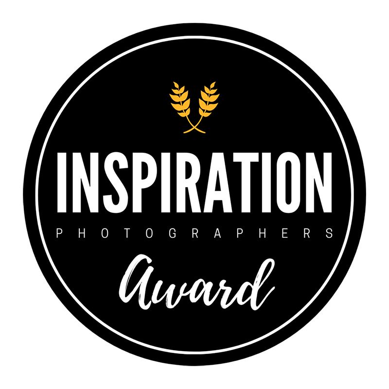 Black circular logo design for Inspiration Photographers Award with gold wheat laurel symbol.