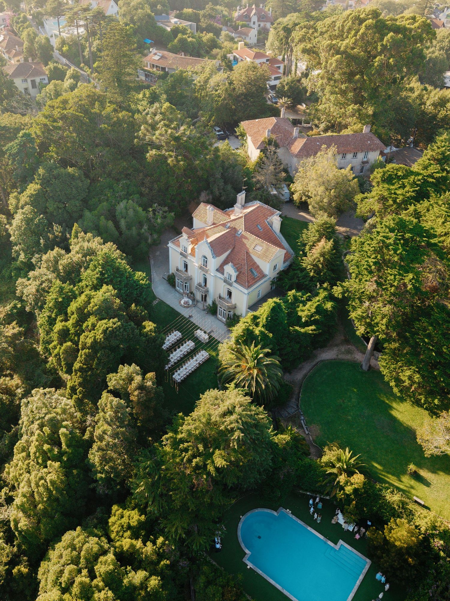 Aerial view of a luxurious white mansion with a large swimming pool surrounded by lush green gardens and palm trees.