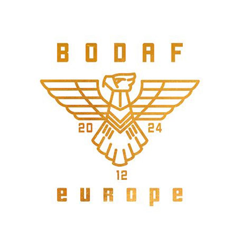 A gold eagle emblem logo design for BODAF Europe featuring wings and the year 2024.