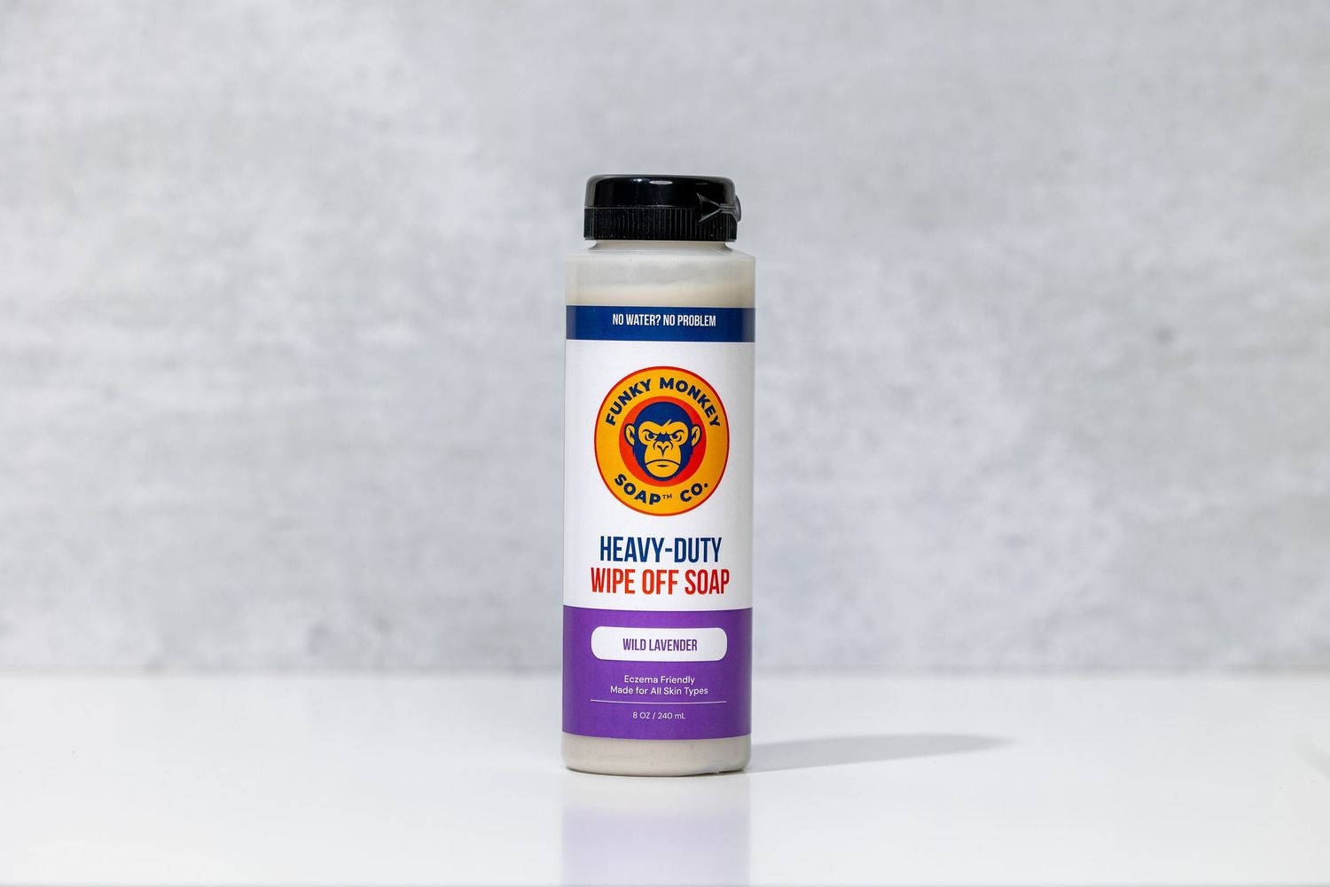 Bunky Monkey Heavy-Duty Wipe Off Soap bottle with wild lavender scent on gray background.