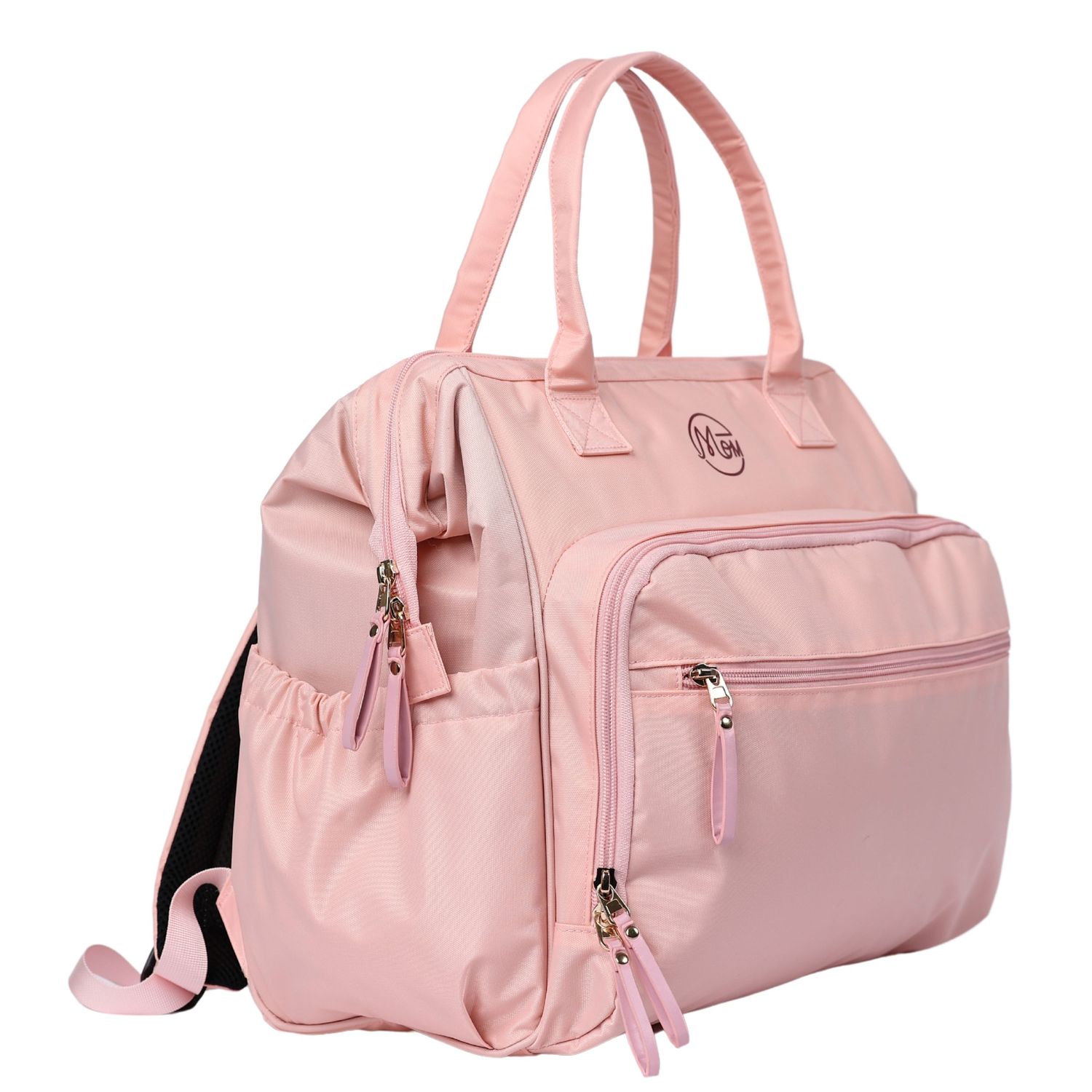 Pink convertible diaper bag backpack with top handles and multiple exterior zip pockets.