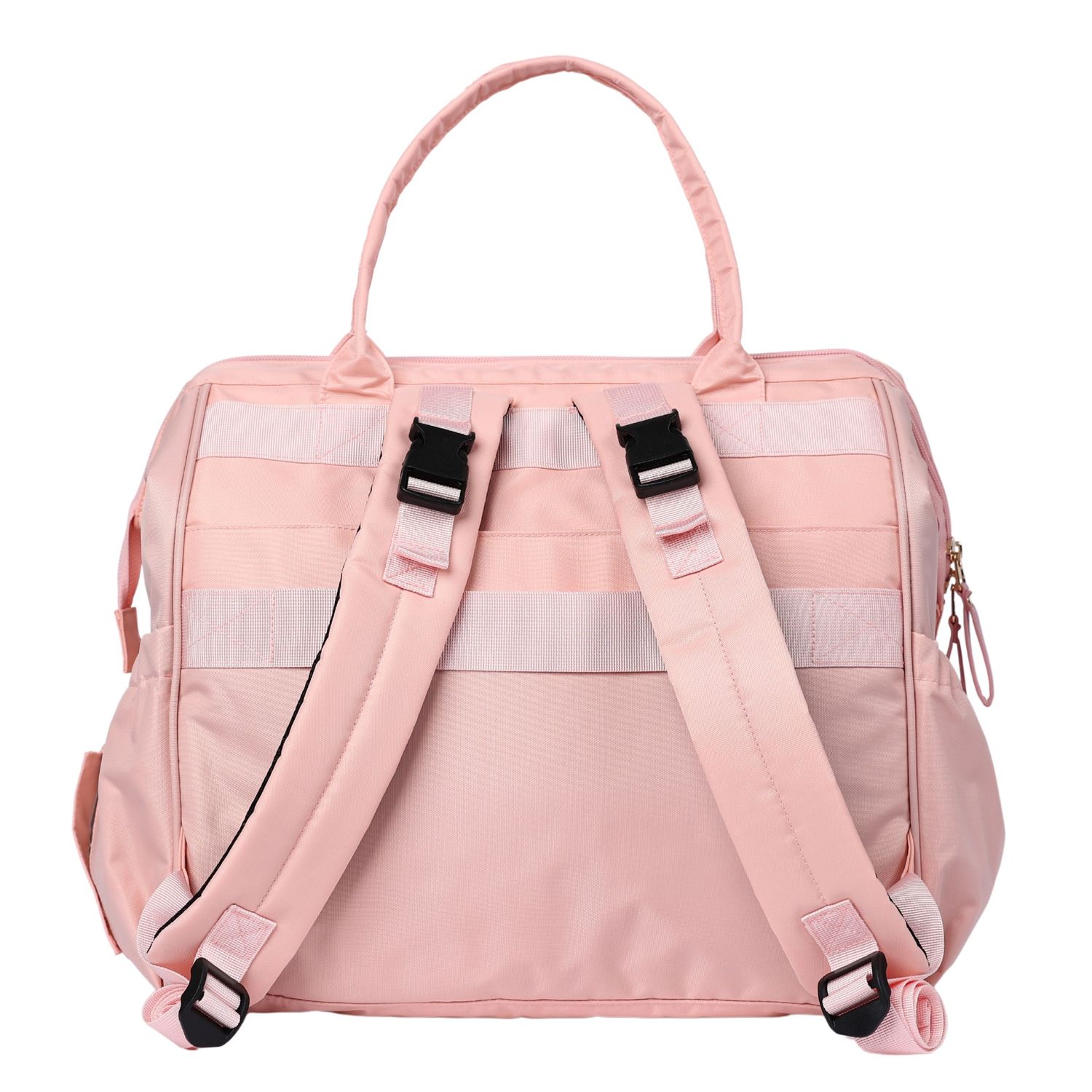 Back view of pink diaper bag showing padded backpack straps and clip buckles.