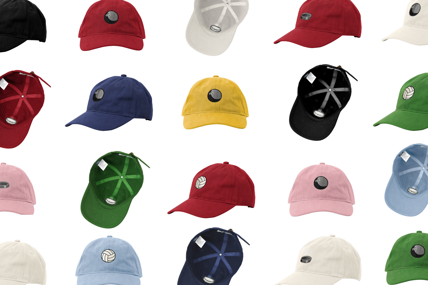 Collection of colorful baseball caps in various colors including red, blue, yellow, green, pink, and white with logo patches.