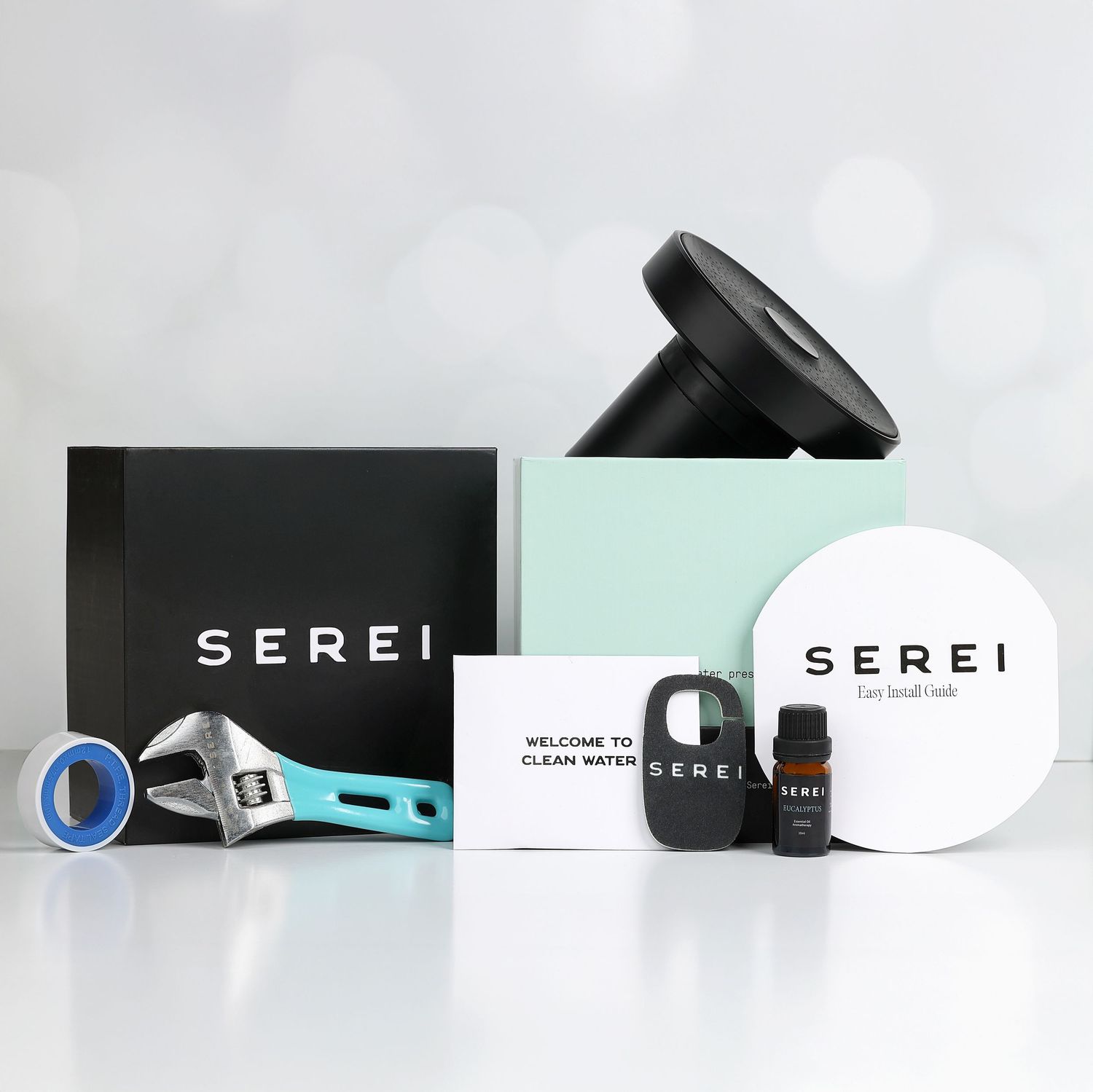SEREI clean water product kit displayed with black and mint green branded packaging and accessories.