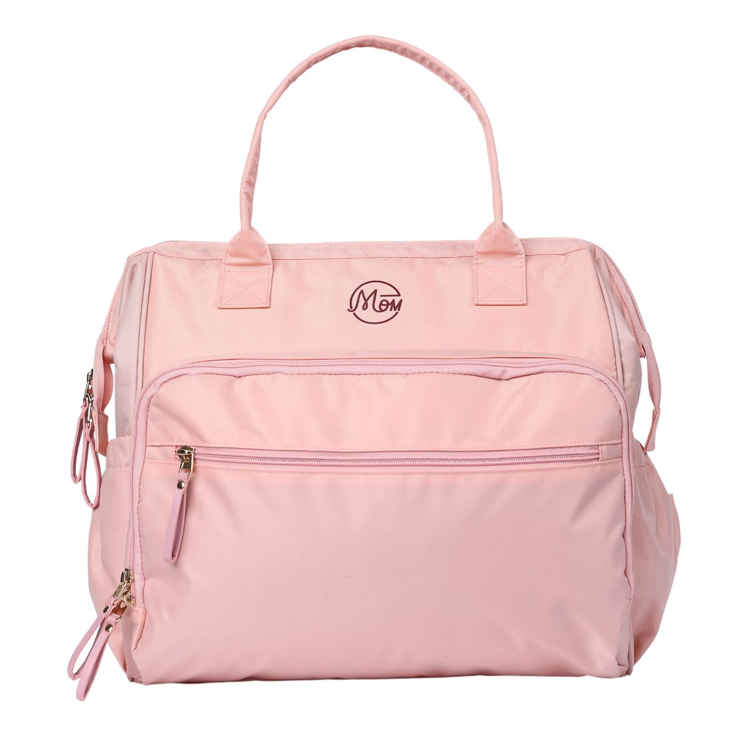 Front view of a pink diaper bag with logo emblem and dual zip front pockets.