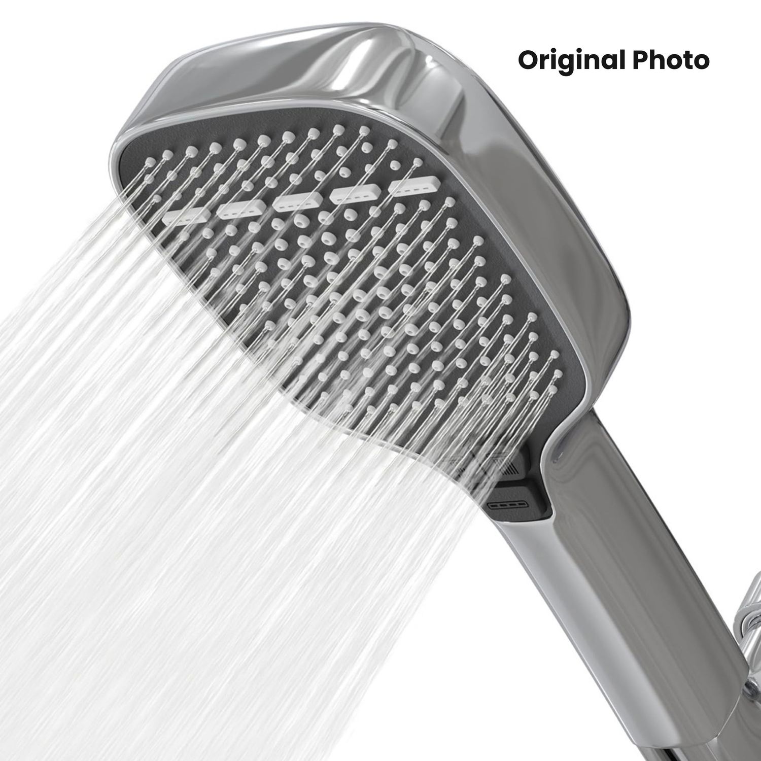 Gray handheld shower head spraying wide water streams, original product photo on white background.