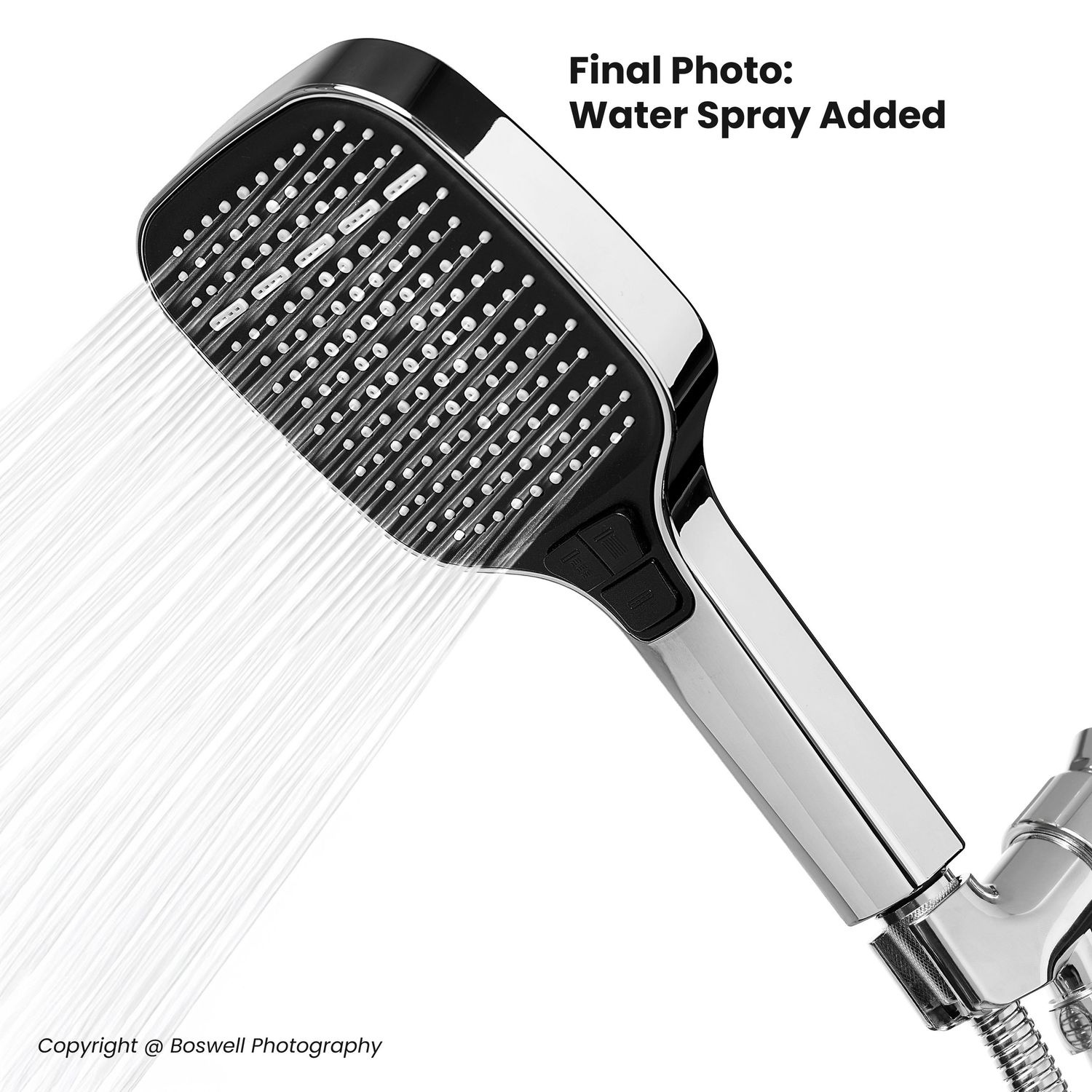 Chrome handheld shower head with black face spraying water streams, final product photo with water spray.
