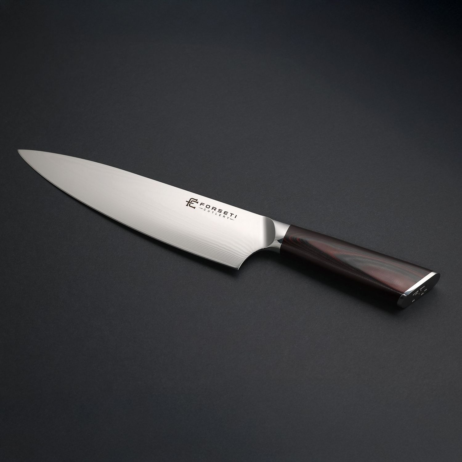 Forseti chef knife with dark wood handle on dark gray background, professional kitchen cutlery.