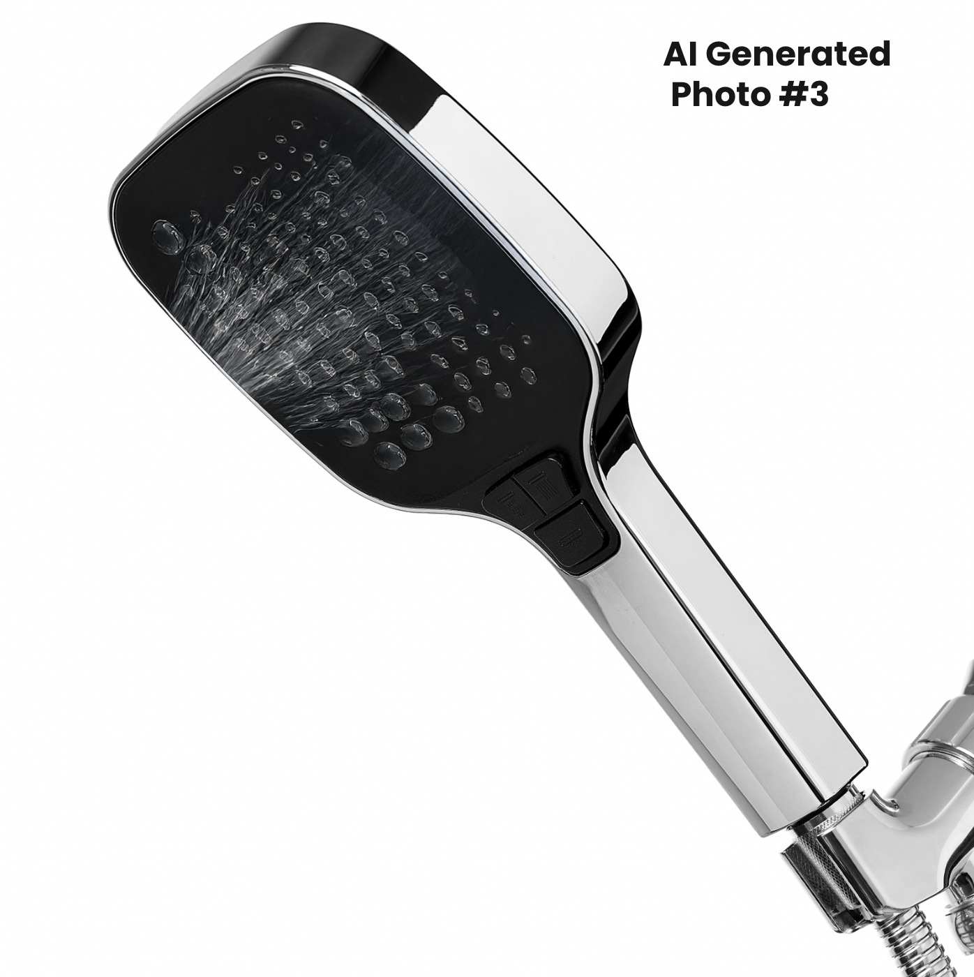 AI generated black and chrome square handheld shower head on white background.