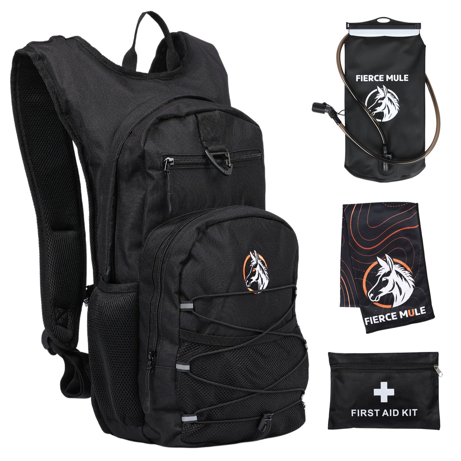 Fierce Mule black hydration backpack set with water bladder, cooling towel, and first aid kit.