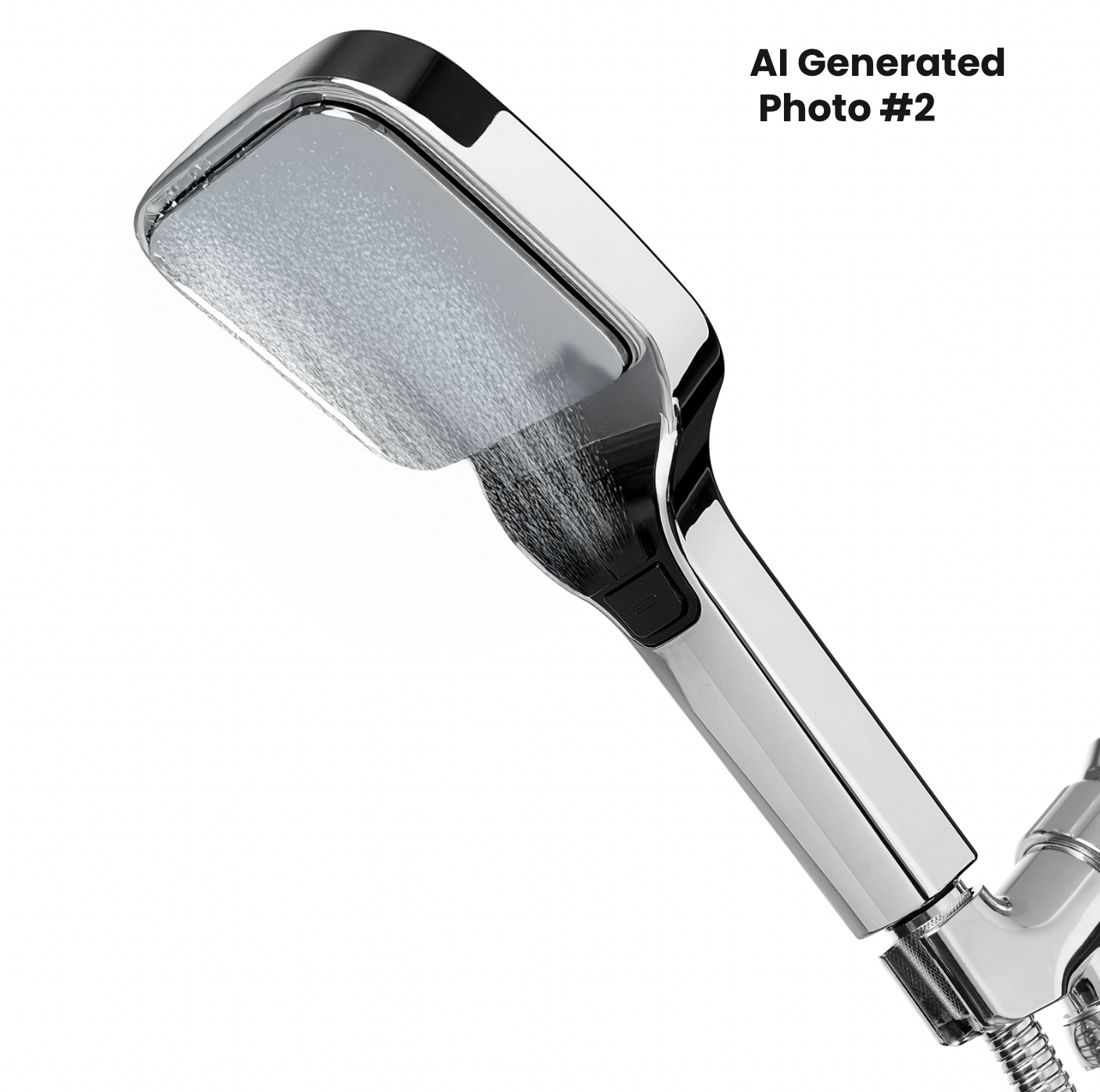 AI generated square chrome handheld shower head spraying water on white background.