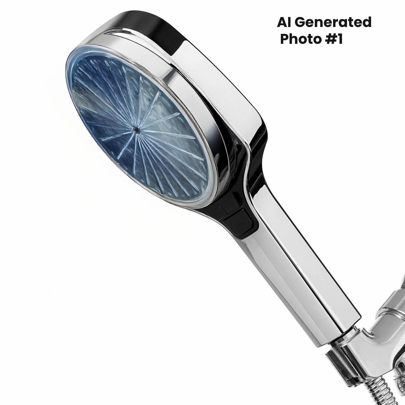 AI generated round chrome handheld shower head with blue tinted face on white background.