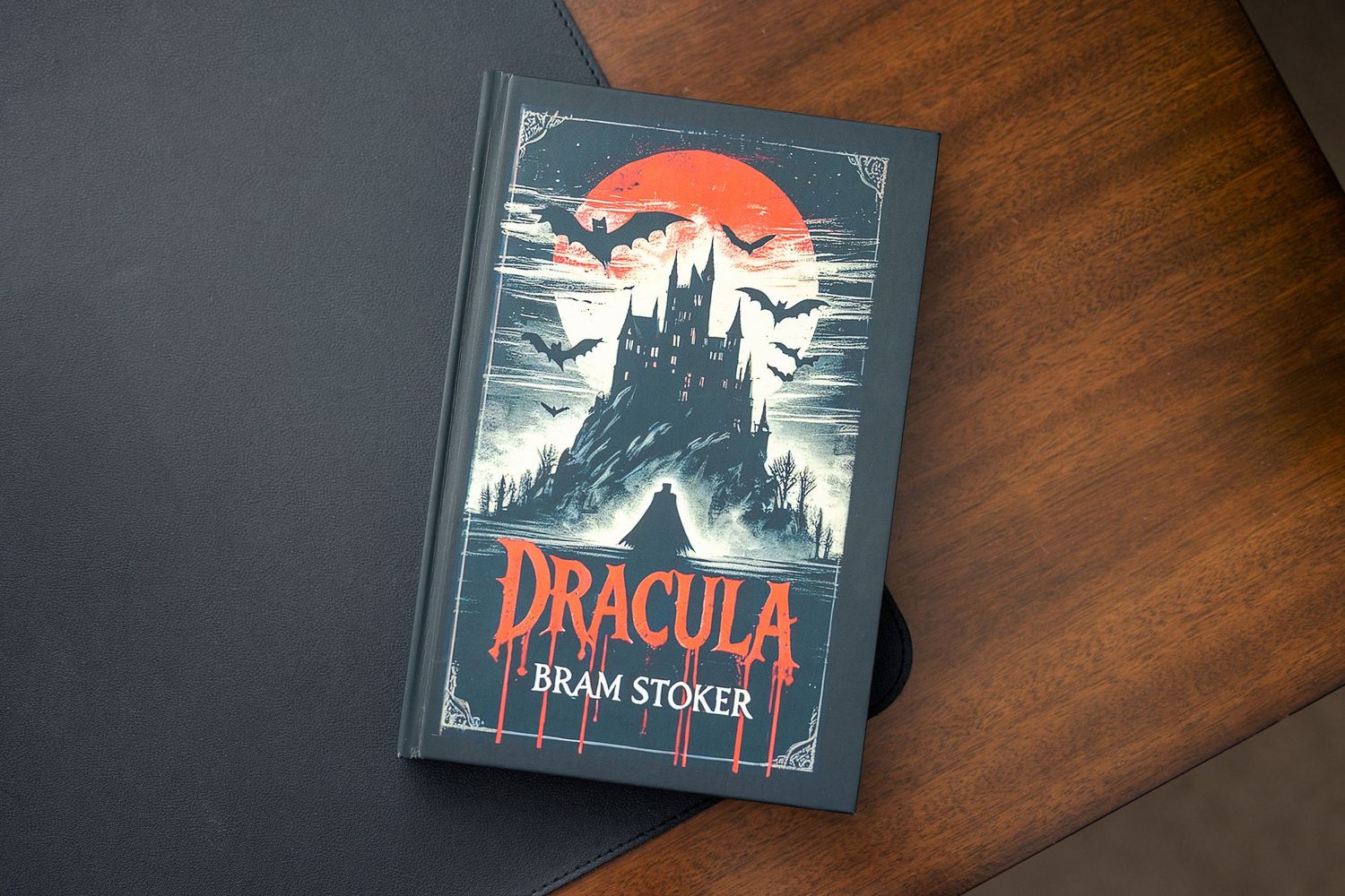 Dracula by Bram Stoker hardcover book with gothic castle and red moon cover art on a dark surface.