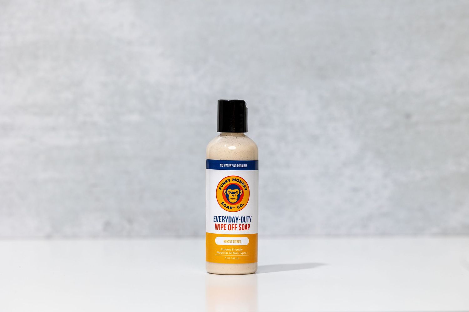 Bunky Monkey Everyday Duty Wipe Off Soap small bottle on light gray background.