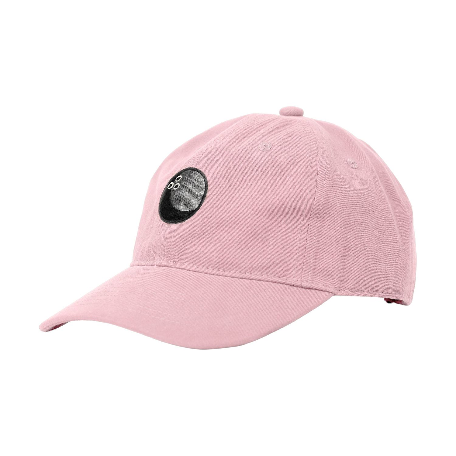 Pink cotton baseball cap with a circular logo patch on a white background.