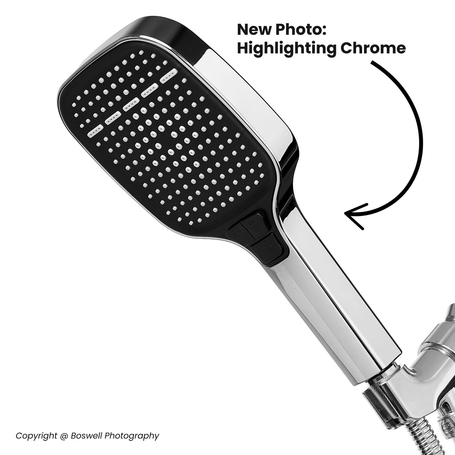 Black and chrome handheld shower head highlighting polished chrome finish, new product photo.