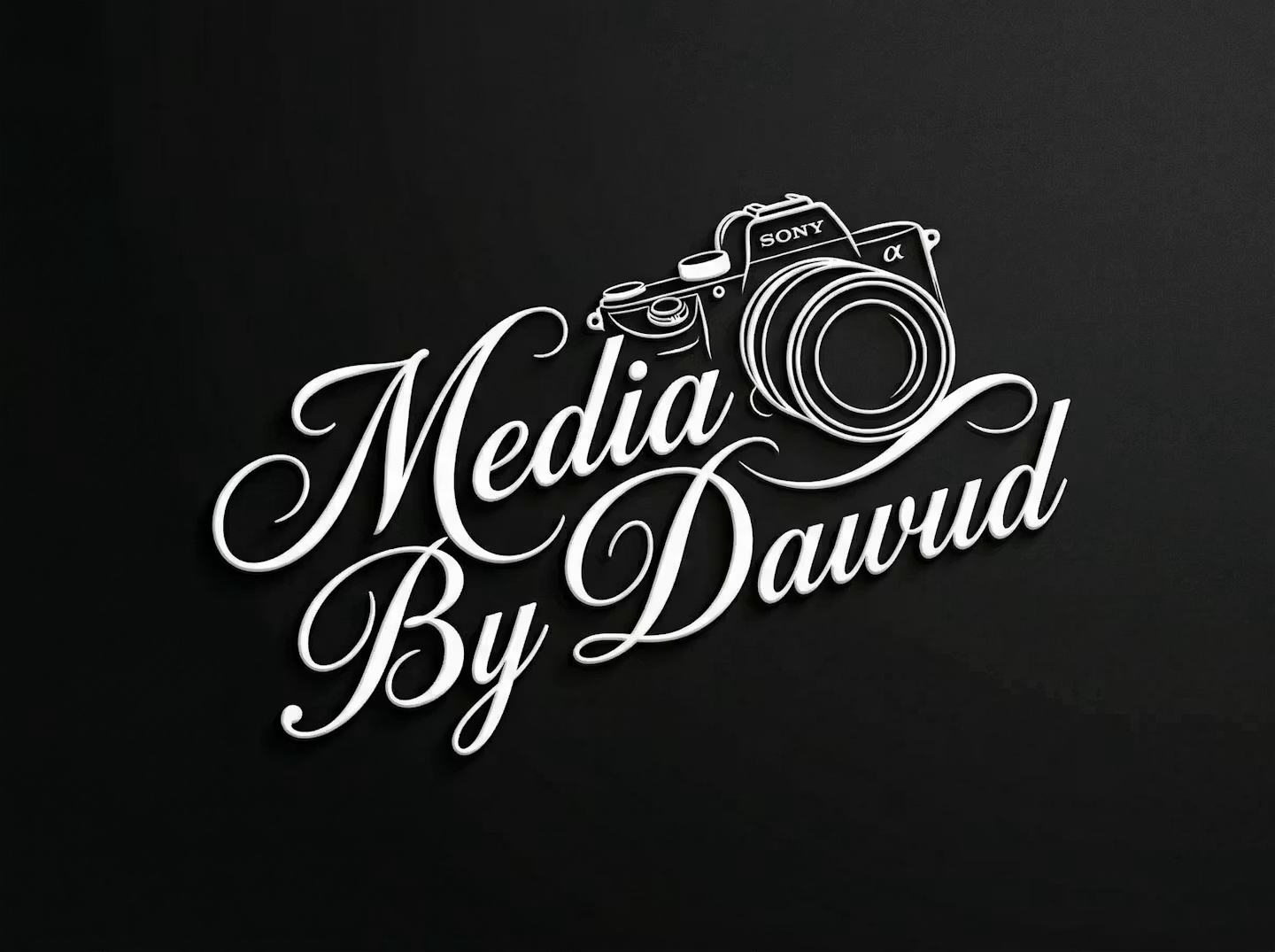 White Media By Dawud photography logo with camera on black background.