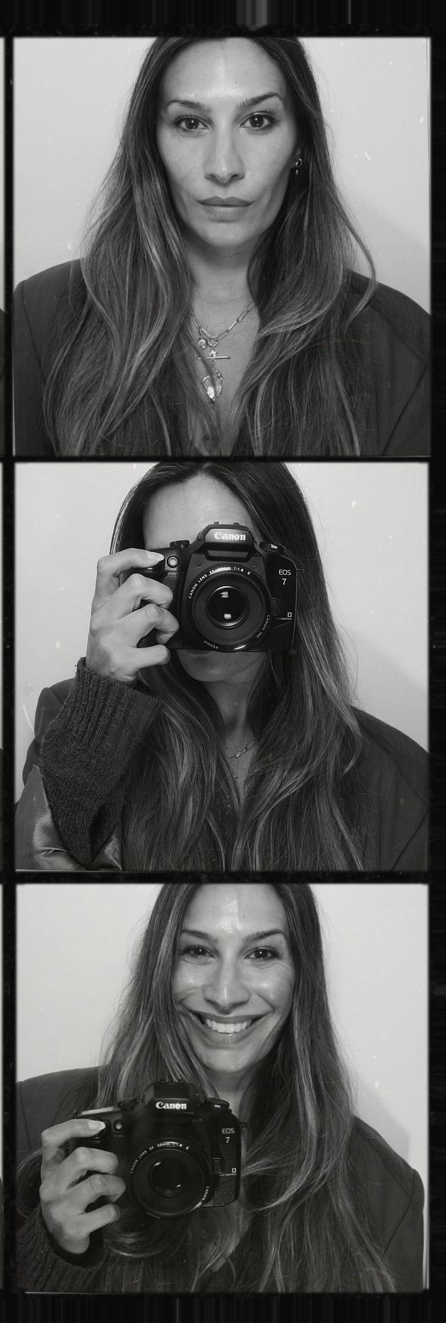 Black and white photo collage showing a photographer with long hair posing with a Canon DSLR camera in various expressions.
