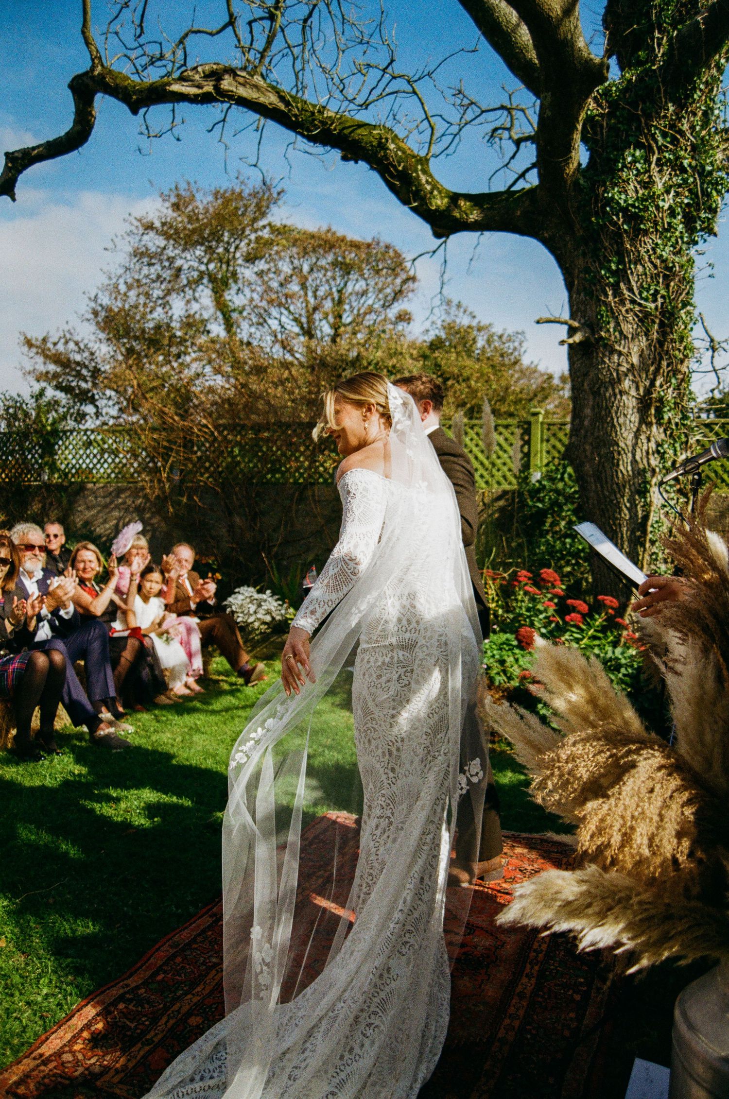 A wedding ceremony takes place outdoors under twisted tree branches on a sunny day.