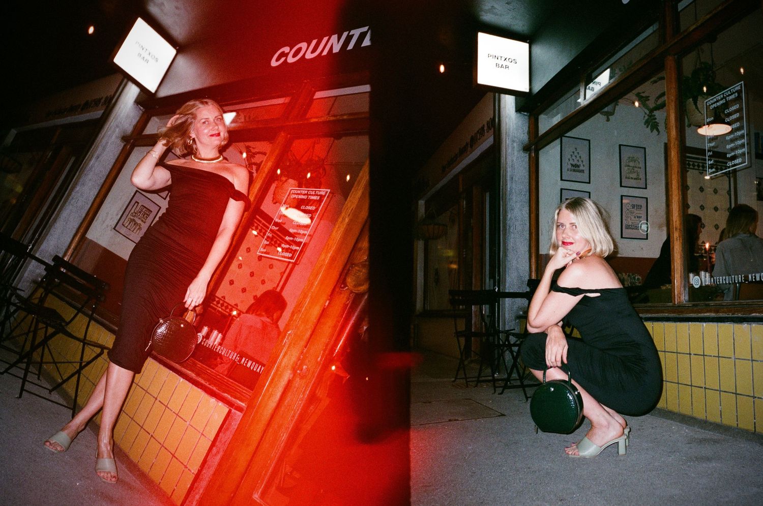 Series of red-tinted nighttime photographs in an urban setting.