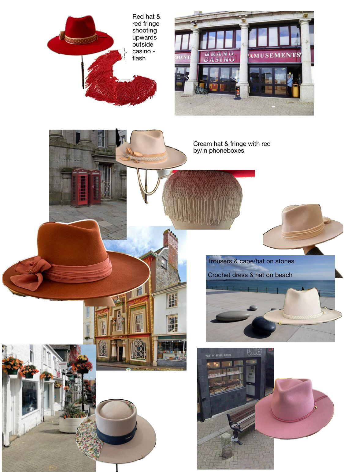 Collection of vintage style hats and storefronts featuring red, brown, and pink fedoras and wide-brimmed designs.