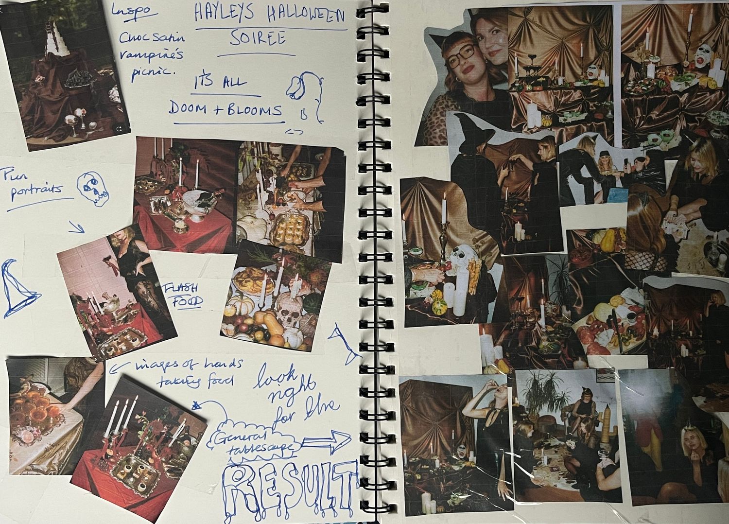 Open scrapbook showing collection of vintage photographs and notes.