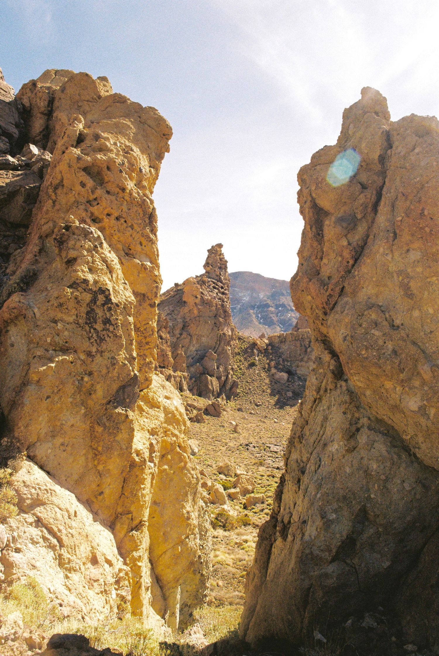 Towering rock formations rise against a bright sky in a rugged desert canyon.