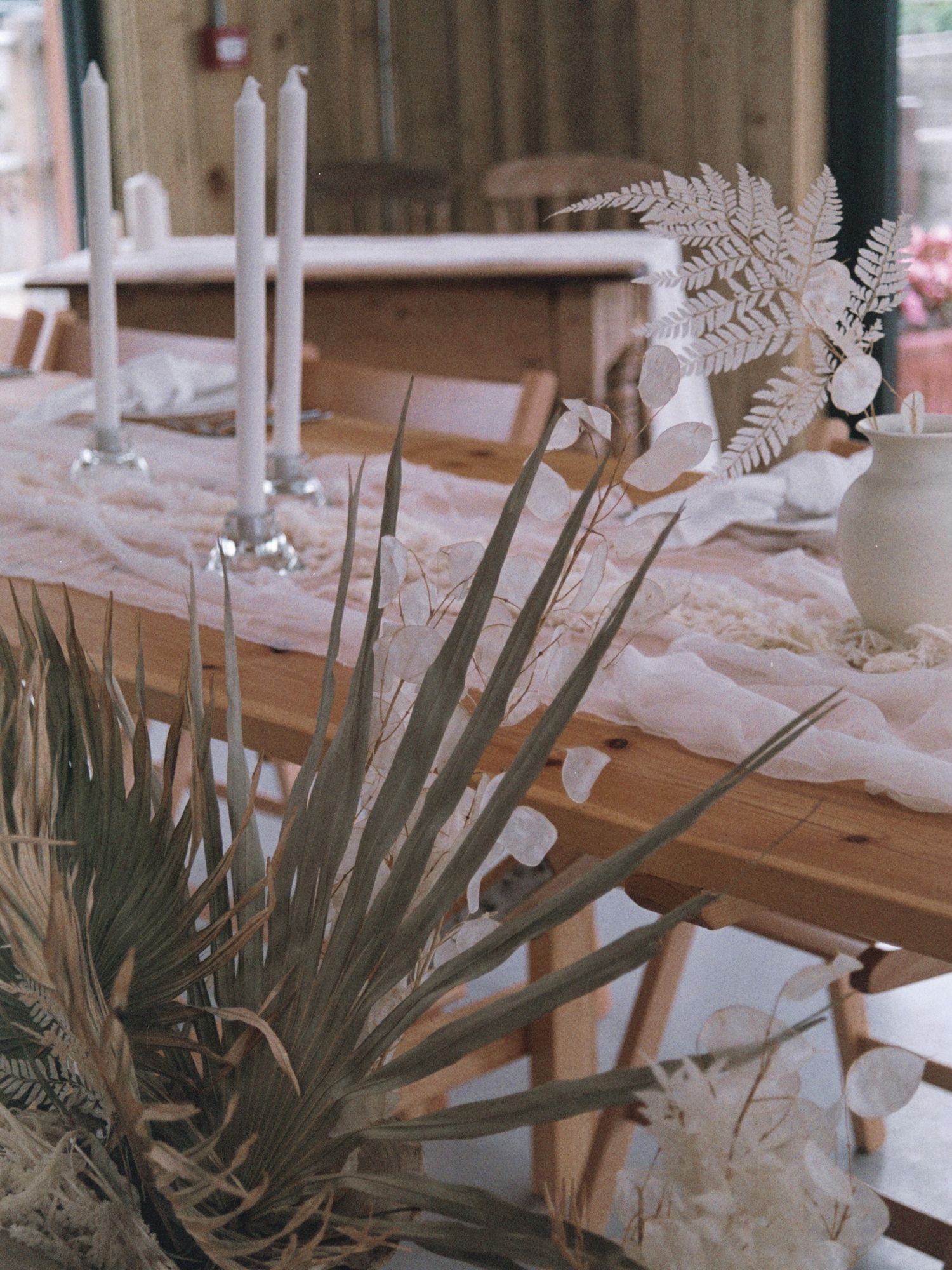 Modern table setting with succulent centerpieces and white linens.