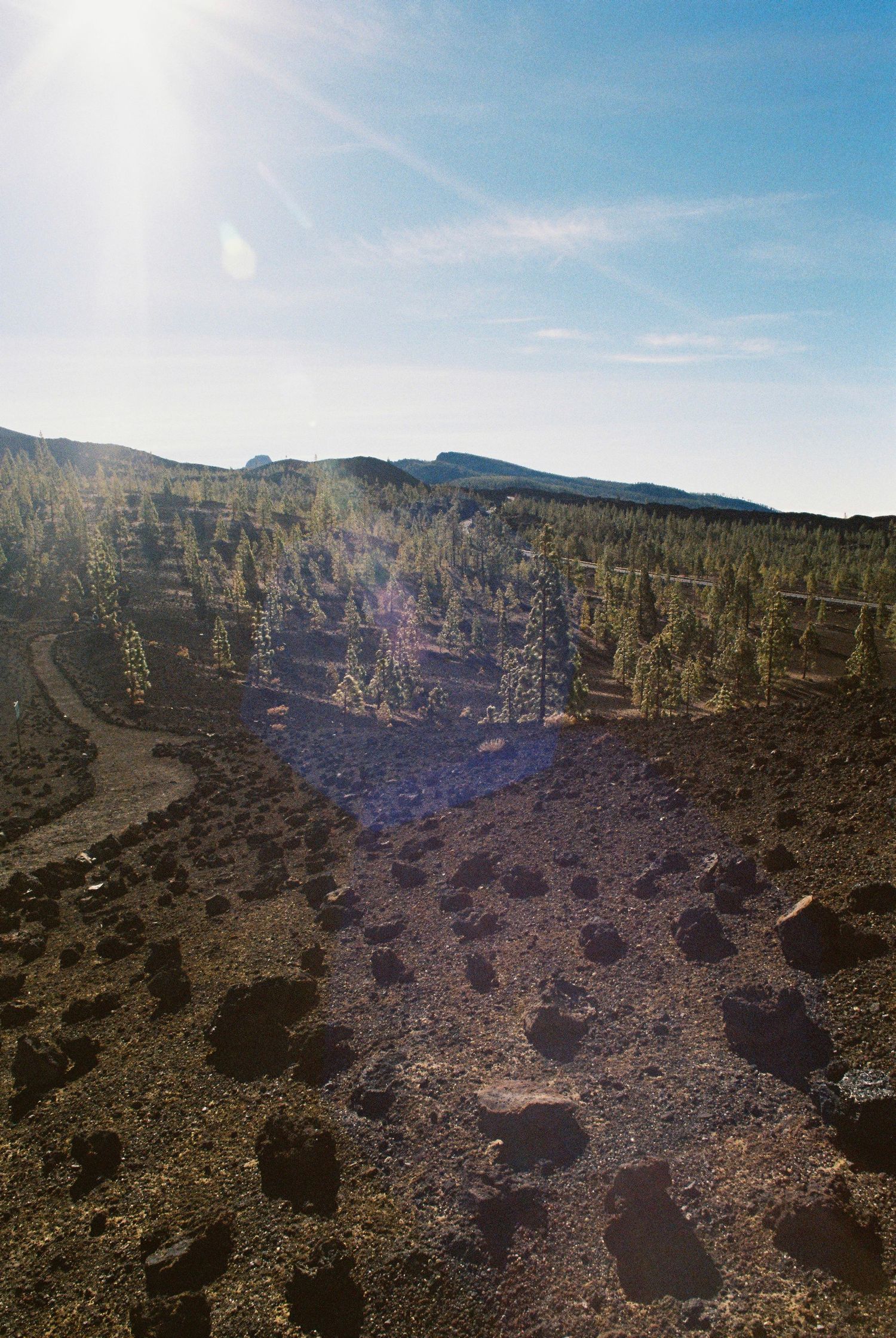 Aerial view of a massive volcanic crater with rugged terrain and forested edges under blue skies.
