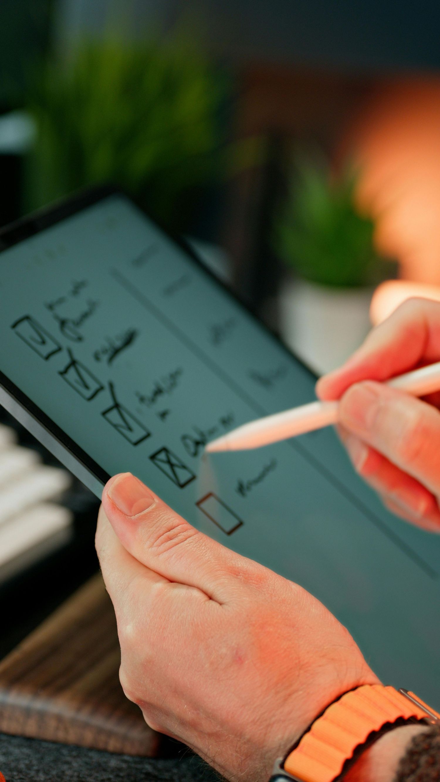 Close-up view of hands filling out a checklist or form on a dark surface with orange lighting in the background.