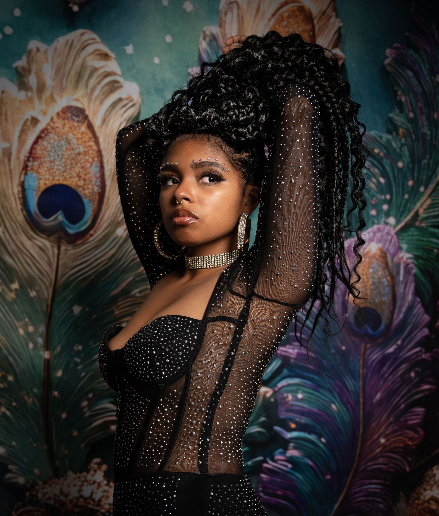 Artistic portrait series featuring elegant black sheer fabric and peacock feather decorative elements in moody lighting.