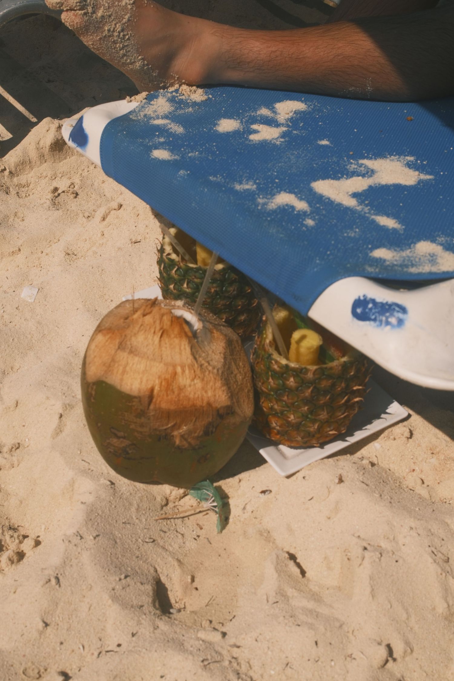 A coconut and pineapple sit on a sandy beach with a blue ocean view in the background.