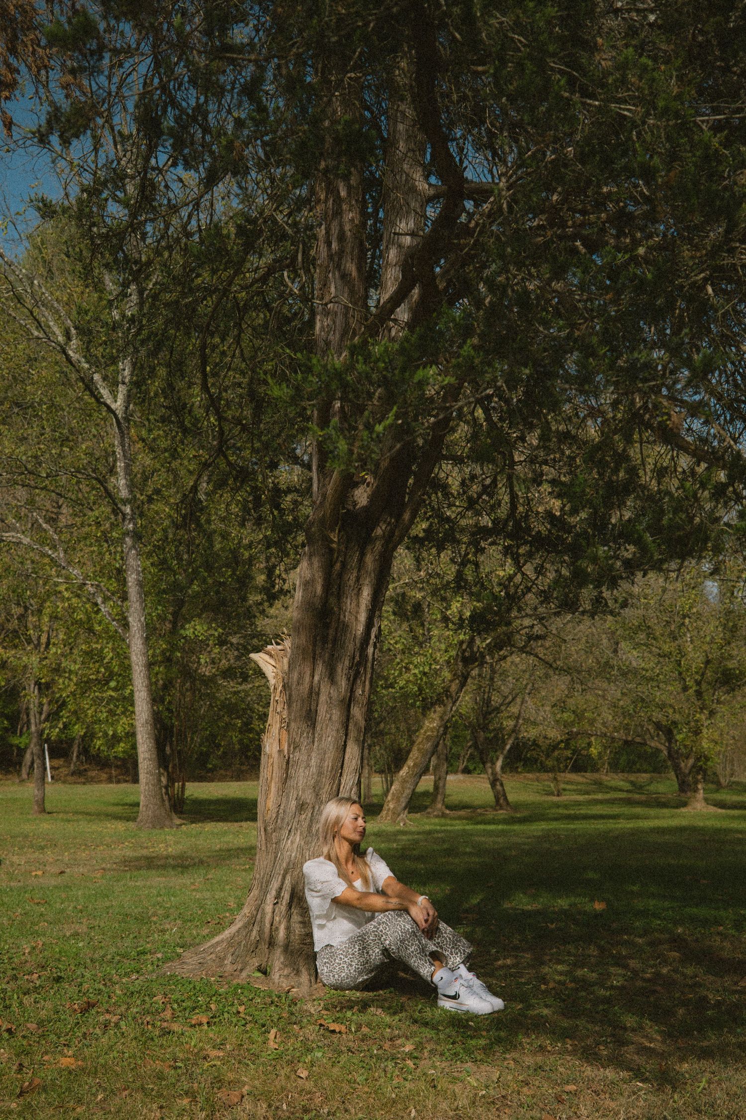 A person in white clothing rests against a large tree trunk in a peaceful park setting on a sunny day.
