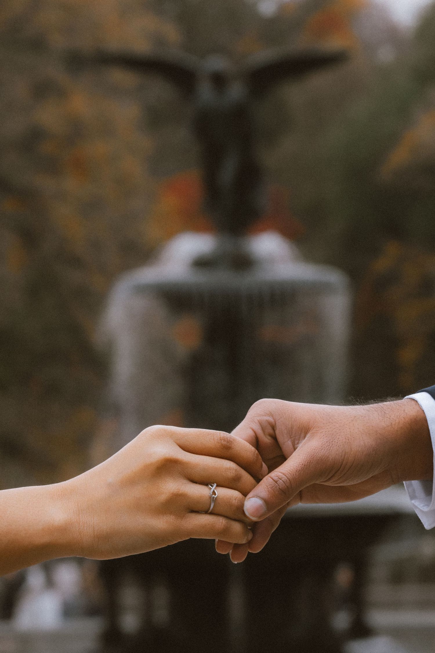 Two hands gently touch while wearing wedding rings, with a blurred statue silhouette in the background.
