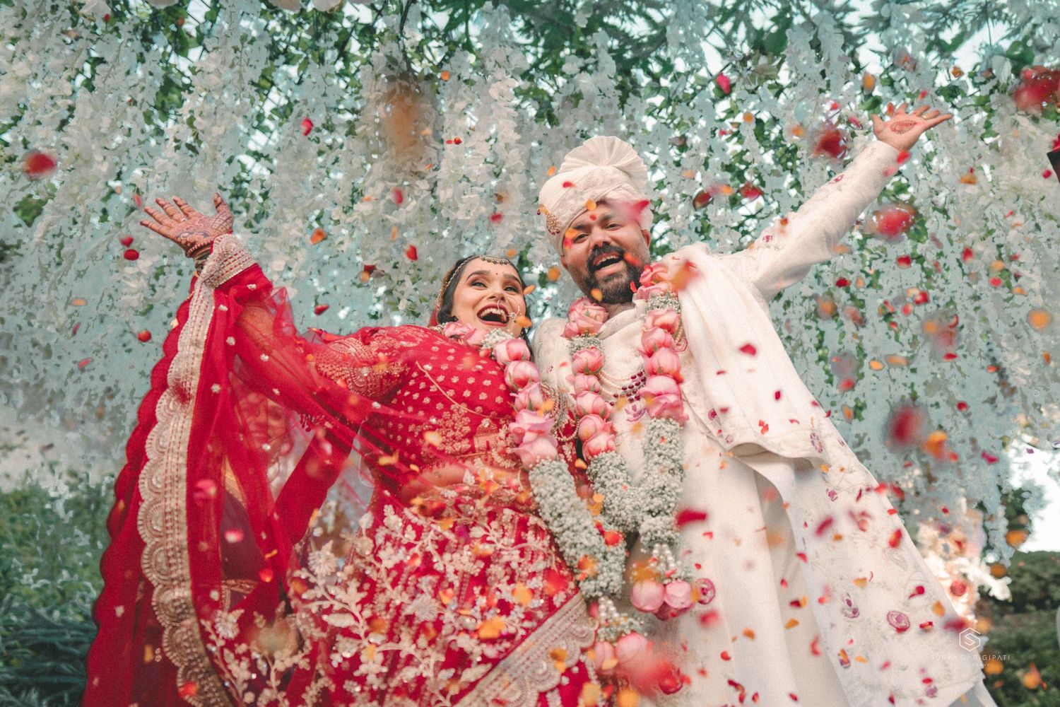 Festive celebration with red rose petals being thrown against a mint green background.