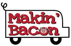 Makin' Bacon food truck logo with red text and a cartoon pig face on a white wagon shape with black wheels.