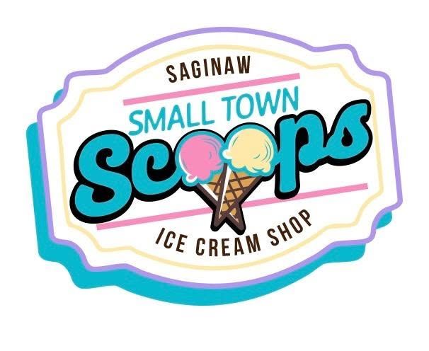 Saginaw Small Town Scoops Ice Cream Shop colorful logo with ice cream cone graphic.