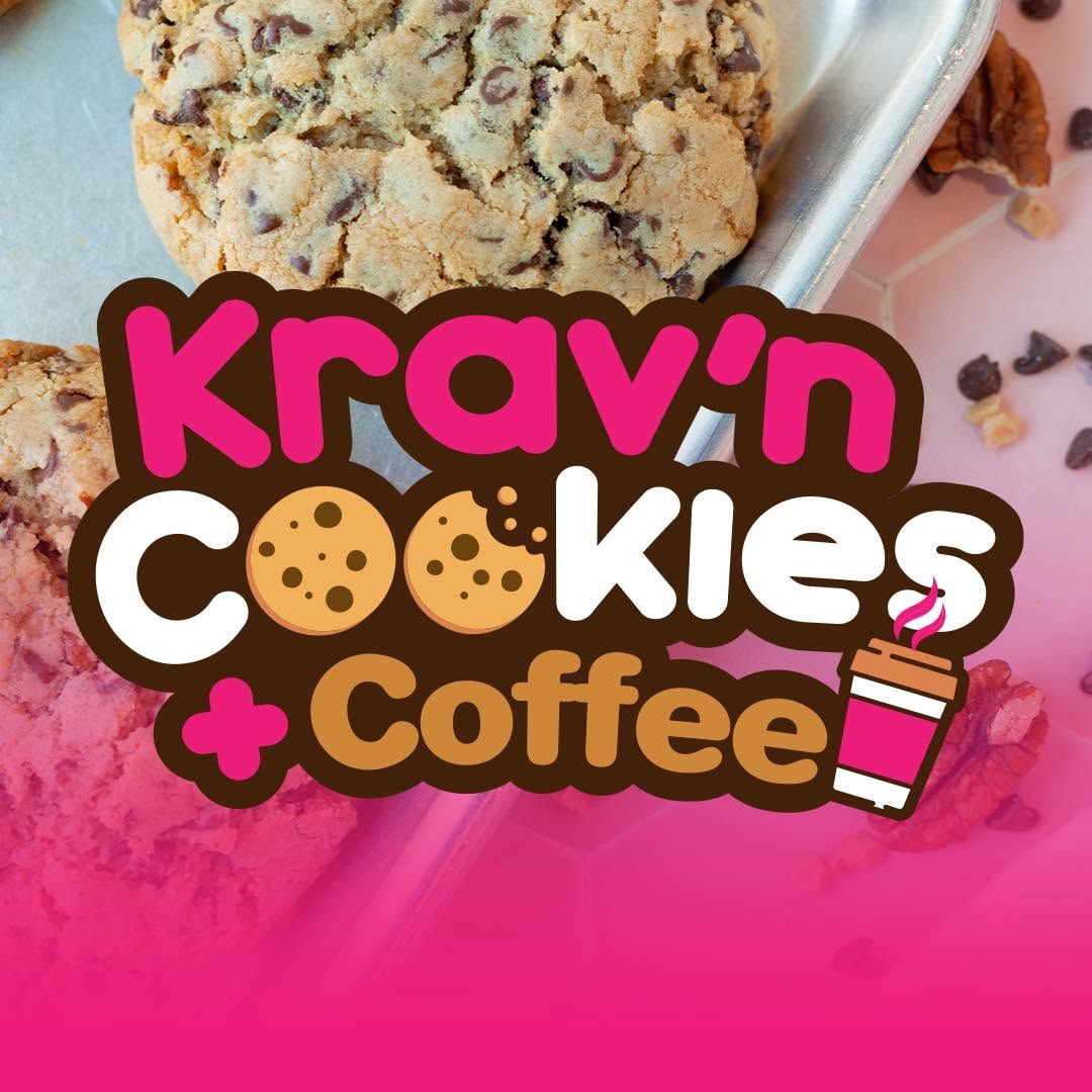 Krav'n Cookies and Coffee logo with chocolate chip cookies and pink background.