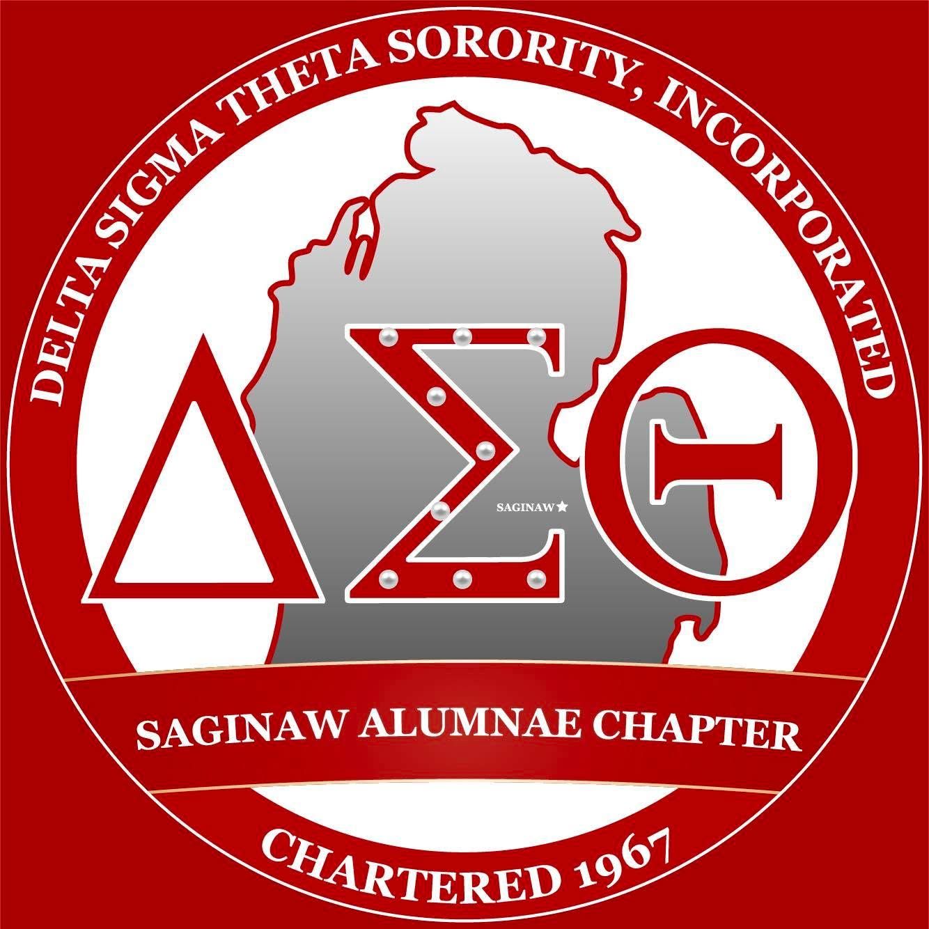 Delta Sigma Theta Sorority Saginaw Alumnae Chapter logo, chartered 1967, featuring Greek letters on red background.