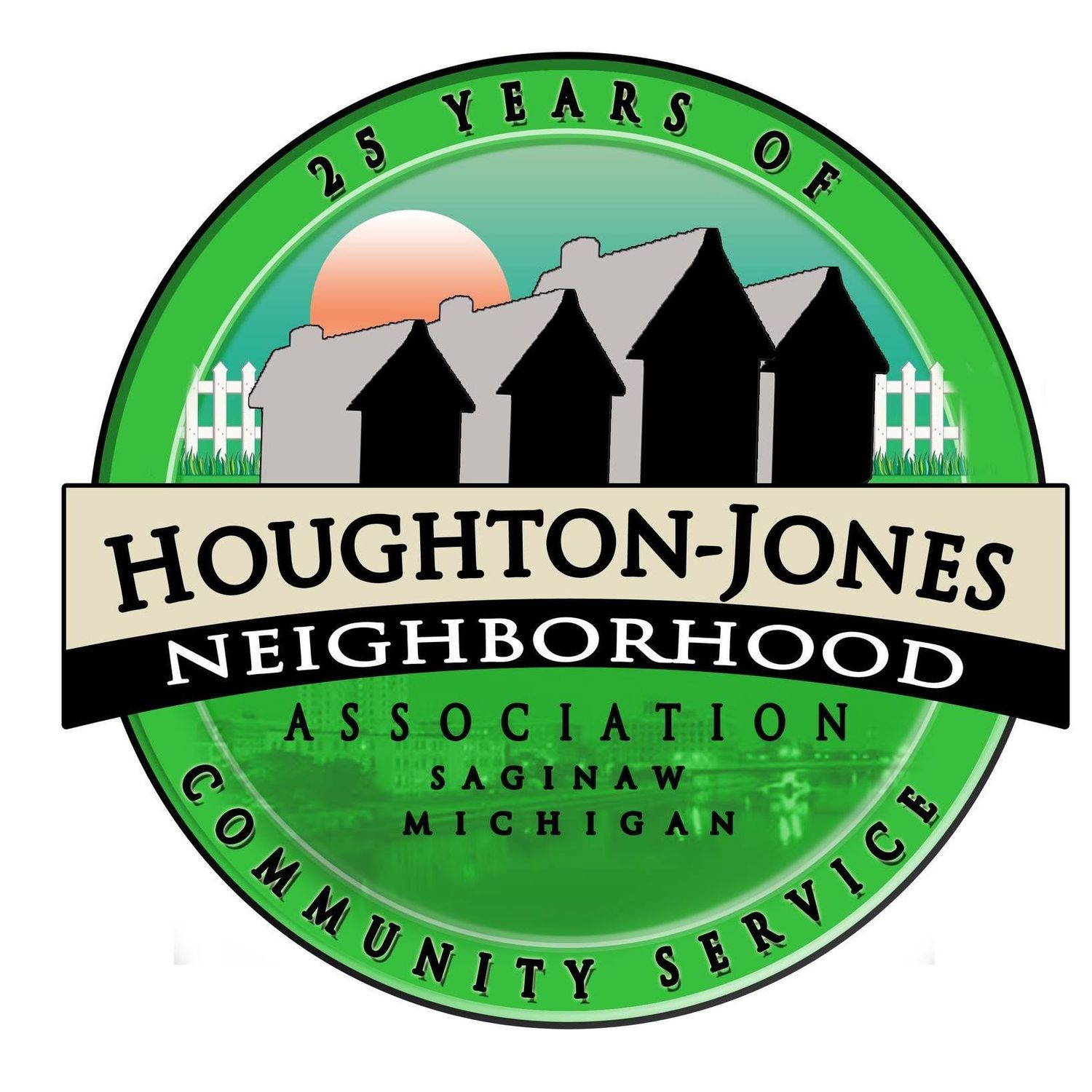 Green circular logo for Houghton-Jones Neighborhood Association, Saginaw Michigan, celebrating 25 years of community service.