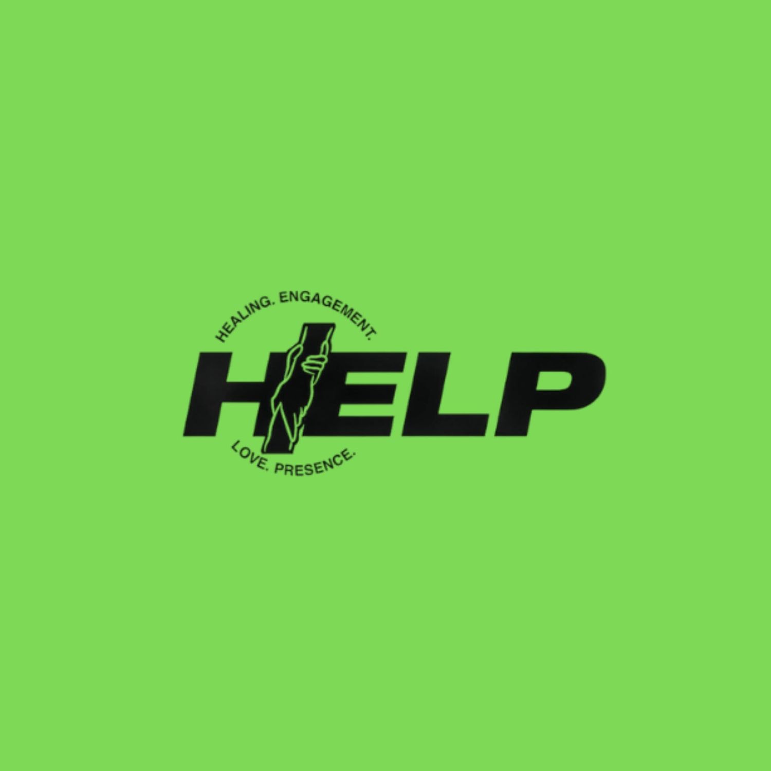 HELP logo on green background, acronym for Healing, Engagement, Love, Presence, featuring a cross and hand graphic.