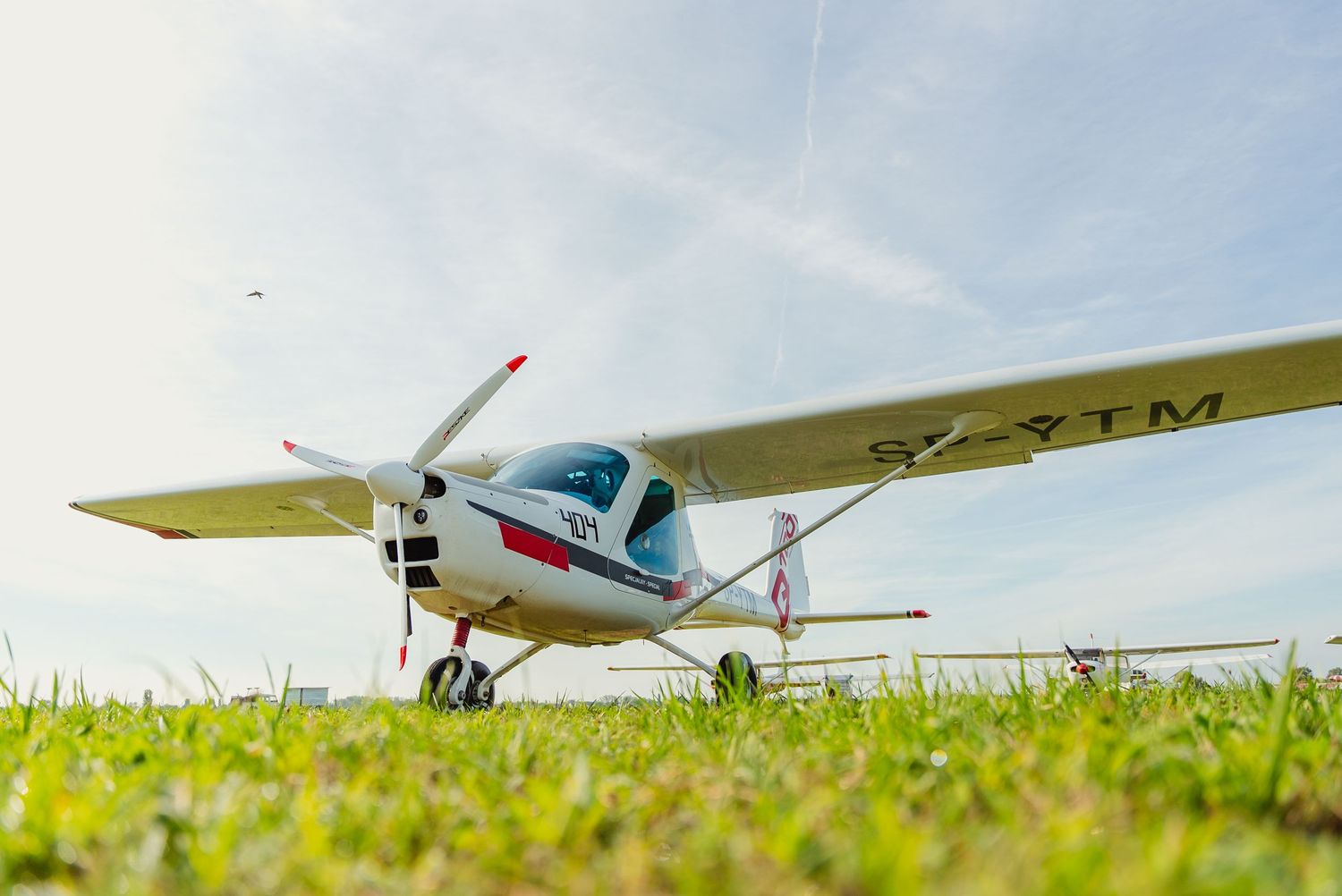Small aircraft parked on a grassy field with blue sky and white clouds in the background.