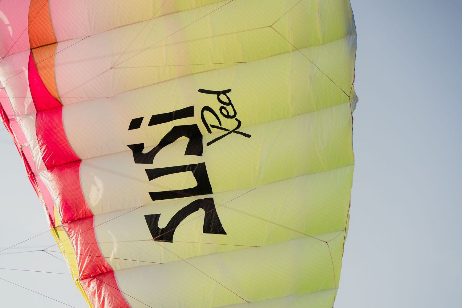 Pink and yellow kites soar against a bright blue sky during a sunny day at an outdoor event.