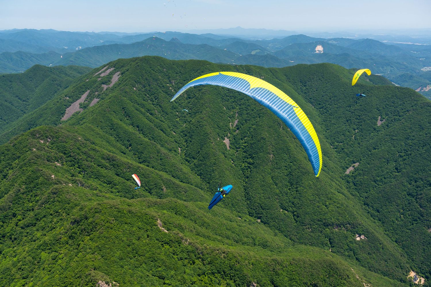 Three paragliders soar over lush green mountain valleys on a clear sunny day.