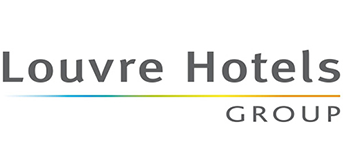Simple logo design for Louvre Hotels Group with grey text and a blue-yellow gradient underline.