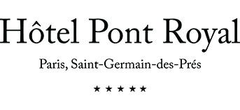 Elegant hotel logo for Hotel Pont Royal in Paris Saint-Germain-des-Pres with five stars displayed.