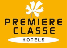 White maple leaf logo on bright orange background for Premiere Classe Hotels brand identity.