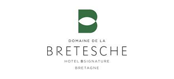 Modern minimalist logo design for Domaine de la Bretesche hotel featuring a stylized green fish above text.