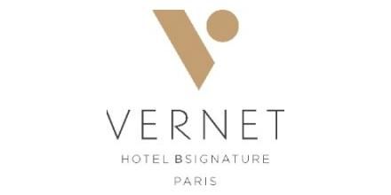 Elegant hotel logo design for Vernet Hotel B Signature in Paris featuring gold and brown tones.