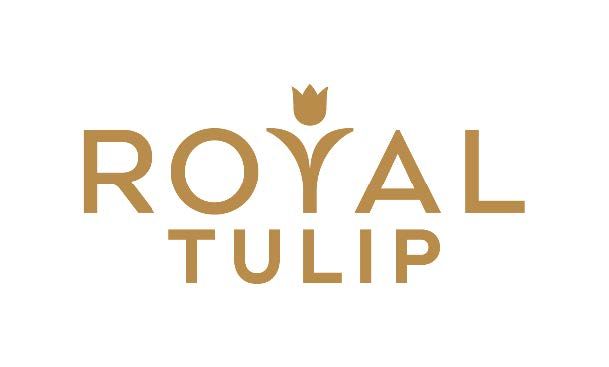A golden crown logo design for Royal Tulip brand with elegant typography and regal emblem elements.